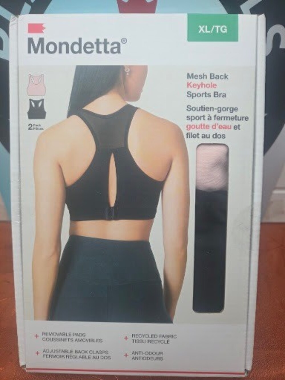 Mondetta Ladies Mesh Back Keyhole Sports Bra 2-Pack, Black & Pink, Open Box - XL